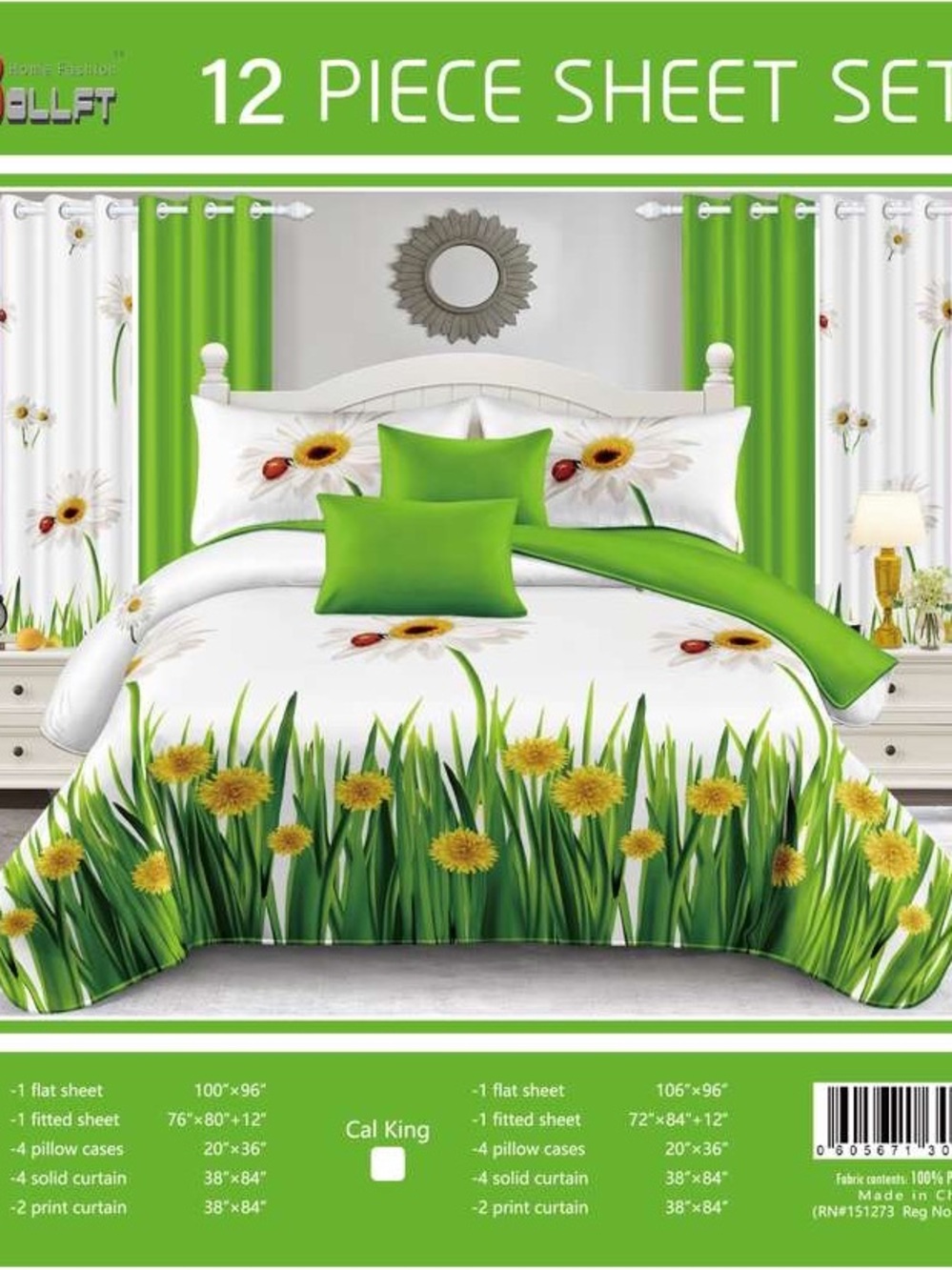 12-Piece Green Floral Cal King Bedding Set - Dandelion Print